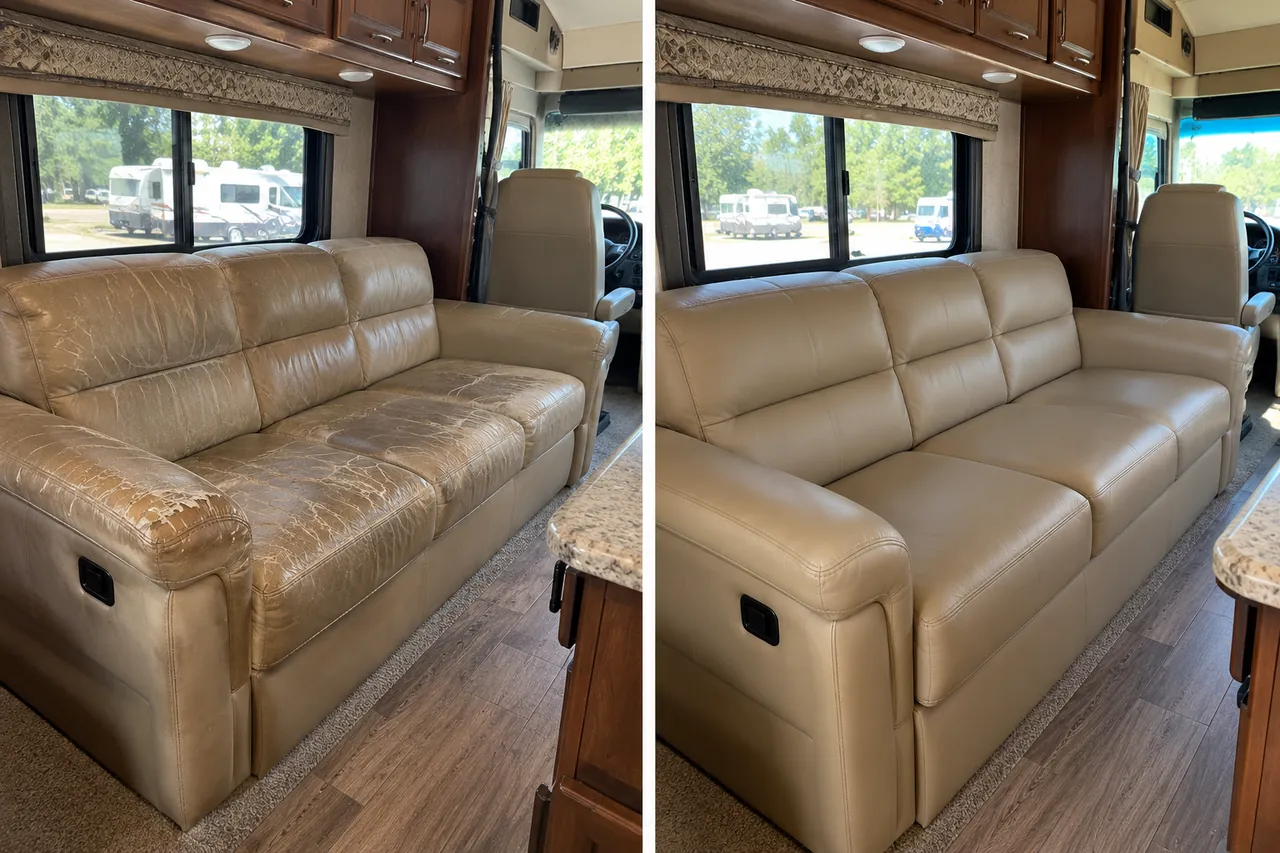 Restored RV leather sofa
