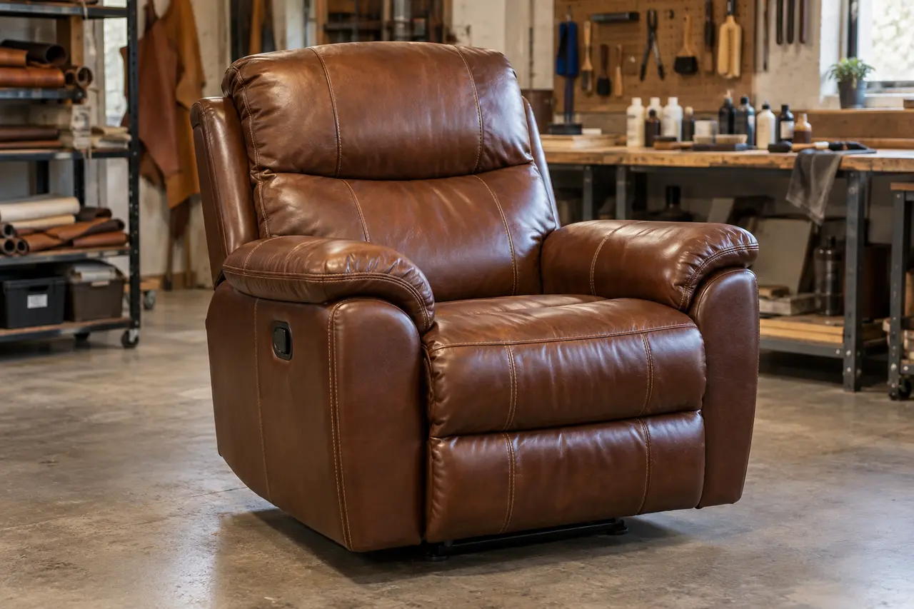 Professionally restored brown leather recliner chair